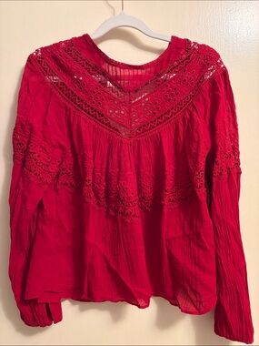 Free People Crimson Lace Yoke Boho Blouse